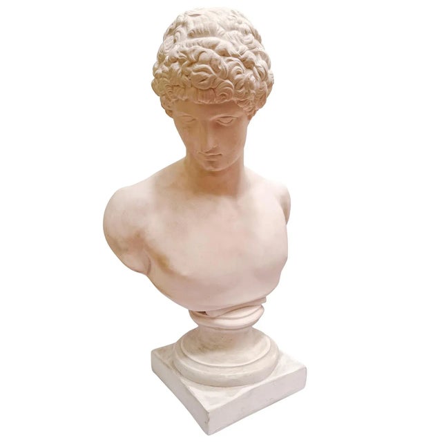 A grand-scale 25-inch vintage plaster bust of the young Antinous, a favorite of beloved Roman emperor Hadrian. The...