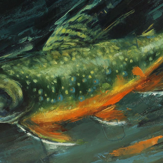 Contemporary Rainbow Trout by Morgan Cameron | Oil on panel of a swimming trout in dark water For Sale - Image 3 of 4