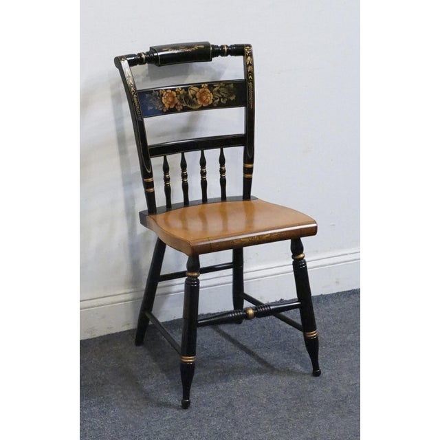 Hitchcock Genuine Hitchcock Black & Gold Accent Side Chair W. Rush Seat & Hand Painted Florals For Sale - Image 4 of 11