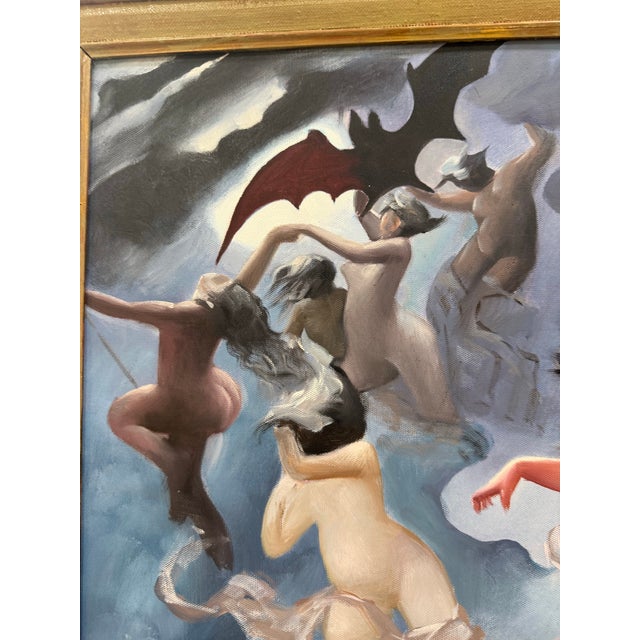 Blue 1930s Oil Painting Witches Going to Their Sabbath After Luis Ricardo Falero 38x32" For Sale - Image 8 of 10