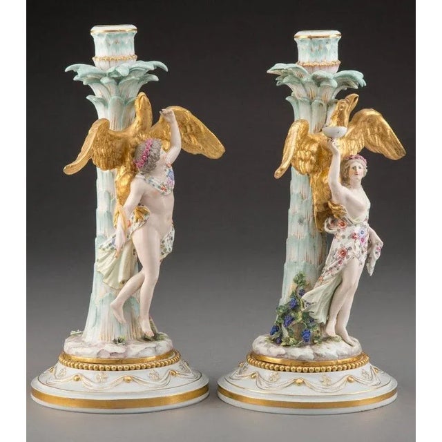 Figurative Antique Meissen Rococo Hebe & Ganymede Candlesticks - a Pair For Sale - Image 3 of 12