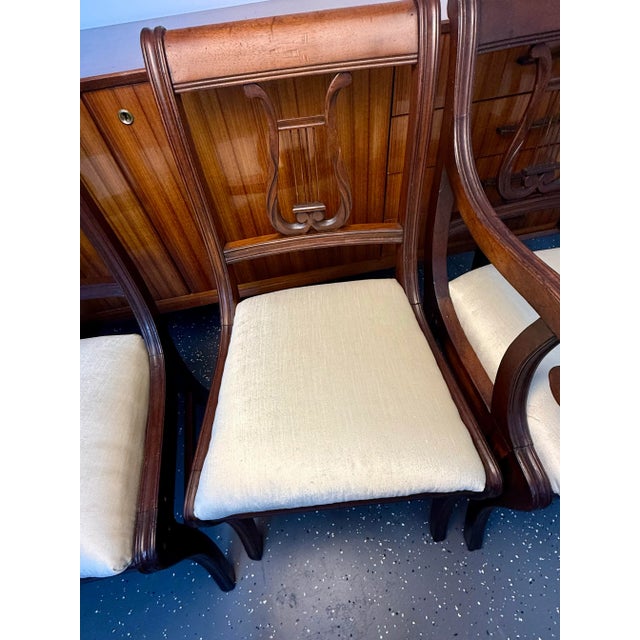 Brown 1940's Reupholstered Mahogany Kilsmos Lyre Back Dining Chairs (6) For Sale - Image 8 of 11
