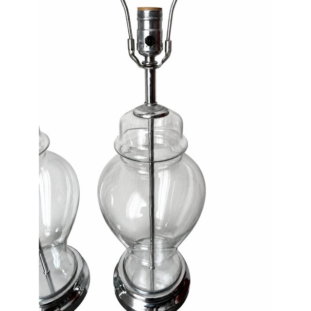 Late 20th Century Clear Glass Baluster Table Lamps With Chrome-Tone Bases - Pair For Sale - Image 14 of 14