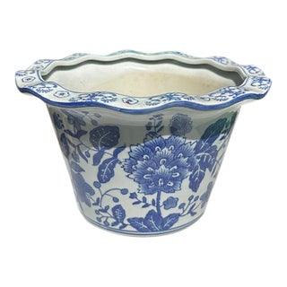 1970s Blue and White Floral Ceramic Planter For Sale