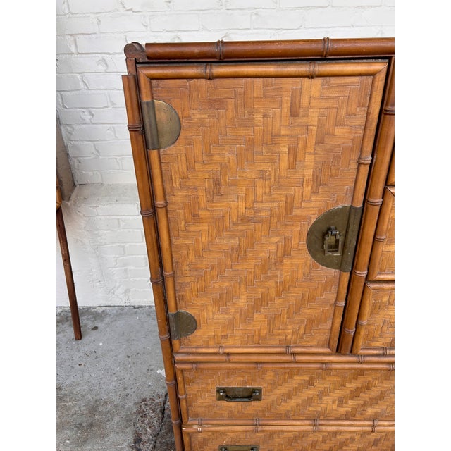 Vintage 1980s Chinoiserie Faux Bamboo and Parquetry Campaign Gentleman's Dresser For Sale - Image 4 of 15