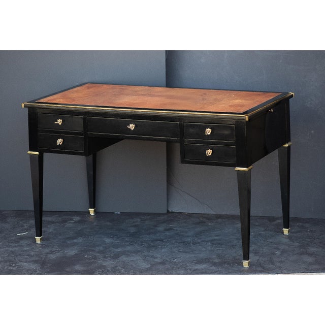 French Louis XVI Ebonized Writing Table or Desk With Embossed Leather Top For Sale - Image 4 of 13