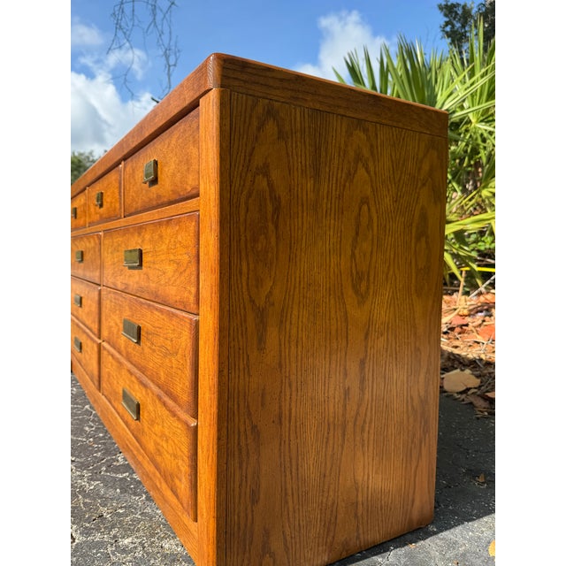 Brass Vintage Stanley Furniture Mid-Century Modern Oak Lowboy Dresser With Brass Hardware For Sale - Image 8 of 9