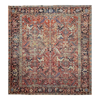 Antique Persian Heriz Serapi Rug, Hand-Knotted Wool, All-Over Geometric Pattern, Brick & Navy, 8x9 For Sale