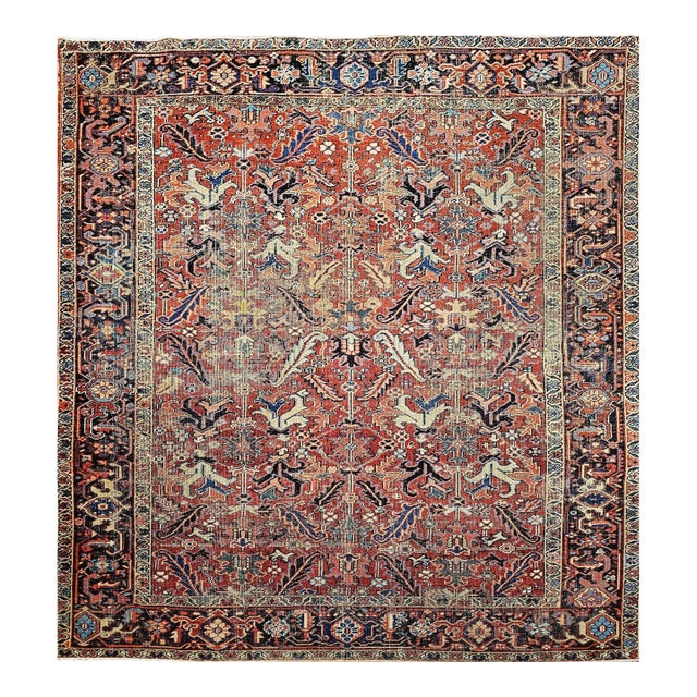 Antique Persian Heriz Serapi Rug, Hand-Knotted Wool, All-Over Geometric Pattern, Brick & Navy, 8x9 For Sale