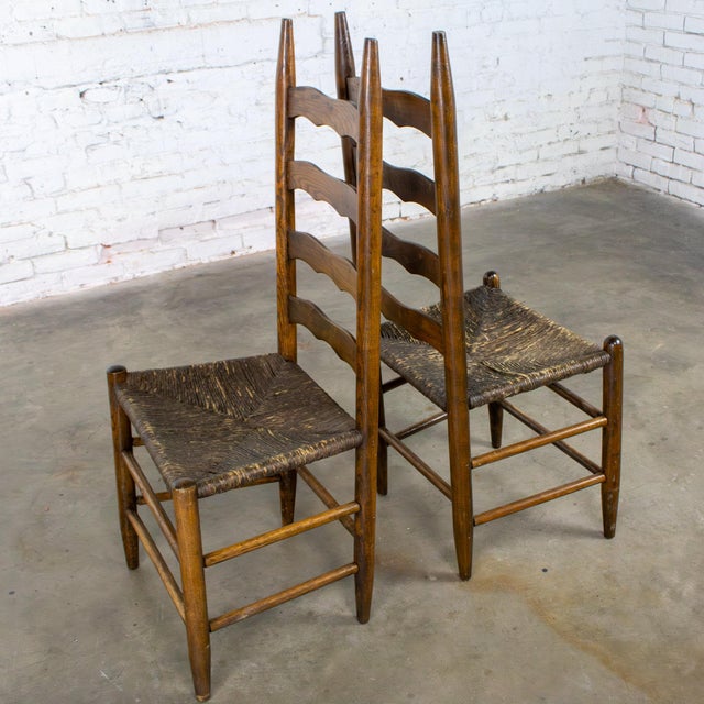 Brown Late 19th to Early 20th Century Pair of French Country Style Oak Ladderback Chairs Twisted Papercord Seats For Sale - Image 8 of 18