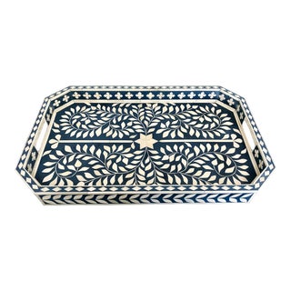Handmade Floral Bone Inlay Serving Tray 21" X 13" in Blue and White For Sale