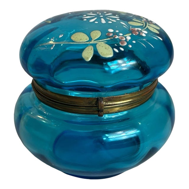 Antique Victorian Attributed to Moser Vanity Powder Jar Painted Blue Bohemian Glass Brass Hinge For Sale