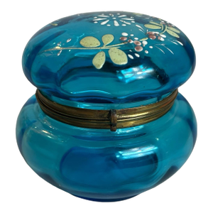 Antique Victorian Attributed to Moser Vanity Powder Jar Painted Blue Bohemian Glass Brass Hinge