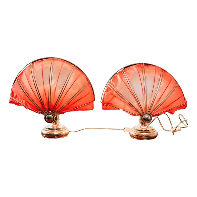 Hollywood Regency Brass Fan Table Lamps, 1970s, Set of 2 For Sale
