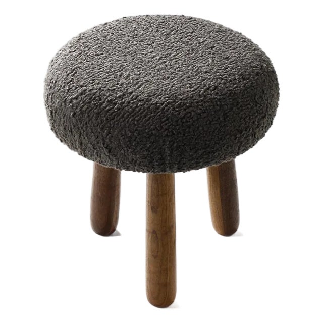 Custom Awassi Tripod Ottoman Footstool — Turned Walnut Legs — Charcoal Gray Bouclé For Sale