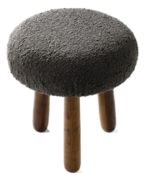 Custom Awassi Tripod Ottoman Footstool — Turned Walnut Legs — Charcoal Gray Bouclé