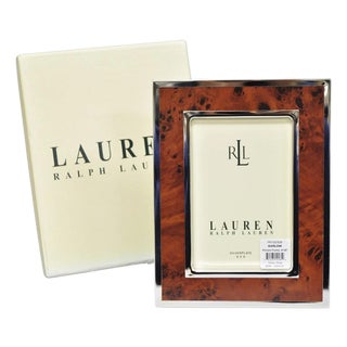Late 20th Century Lauren Ralph Lauren Harlow Burl Wood & Silver Plated 4x6 Photo Picture Frame Nib For Sale
