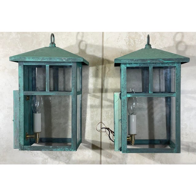 Vintage Pair of Solid Brass Outdoor Wall Lanterns – 13”h X 7”.5w X 7”.5d For Sale - Image 17 of 18