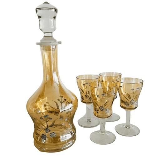 Antique Art Deco Bohemian Amber Glass Carafe Set with four glasses featuring hand-painted floral motifs from the 1920s. A...