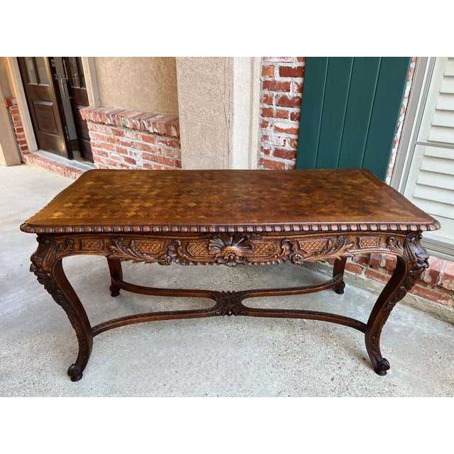 Rococo Antique French Center Library Table Louis XV Carved Oak Rococo Parquetry C1890 For Sale - Image 3 of 18