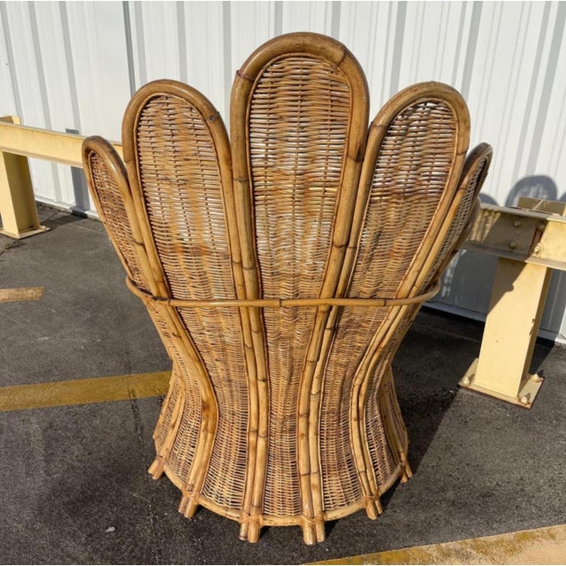 Brown 1970s Rattan Woven Wicker Peacock Fan Back Lounge Chair For Sale - Image 8 of 12