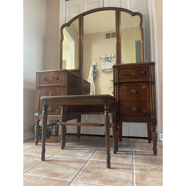 Early 20th Century Antique Vanity Desk With Trifold Mirror and Cane Seat Bench by the Rushville