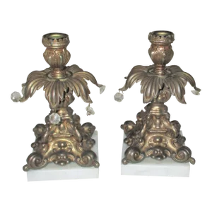 Vintage 1950s Hollywood Regency Ornate Italy Marble & Brass Candlesticks / Holders - a Pair