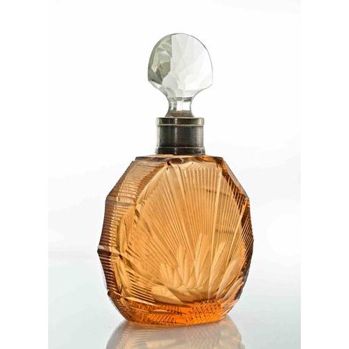 Art Deco Glass Bottle realized in 1930s. Sterling silver neck, marked on base. Excellent condition.