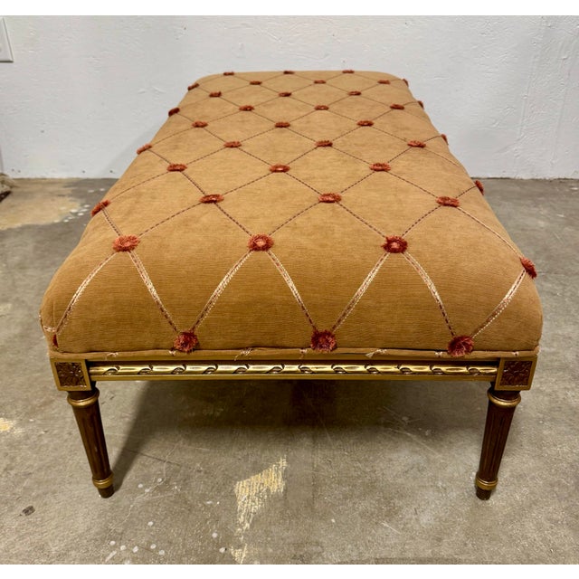 French Louis XVI Style Neoclassical Gilt Wood Upholstered Bench Ottoman For Sale - Image 3 of 7