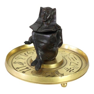Egyptian Revival Figural Pharaoh Bronze & Brass Inkwell With Glass Insert C1880 For Sale