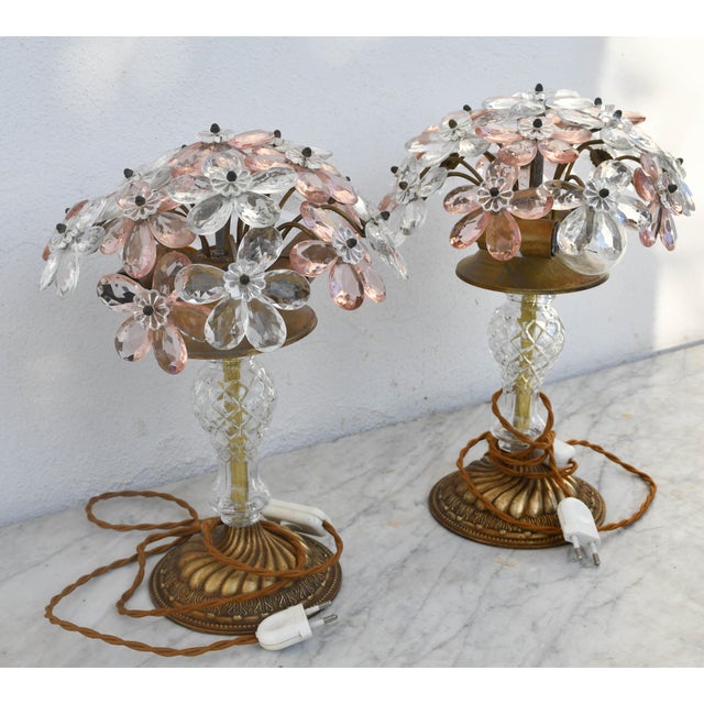 Set of 2 Larg Table Lamp Crystal Glass Flower Pink and Crystal, Brass Base, 1960 For Sale - Image 10 of 11