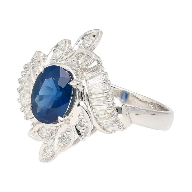 Natural 1.52 Carat Oval Blue Sapphire and Diamond Platinum Floral Ring For Sale - Image 4 of 9