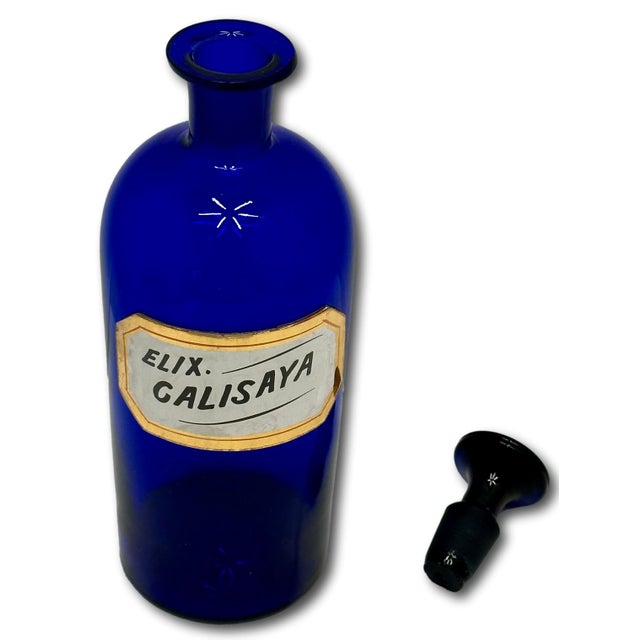 Glass Beautiful & Rare Large Size Antique Cobalt Blue Glass Elixer of Calisaya Apothecary Bottle Circa Mid 19th Century For Sale - Image 7 of 18