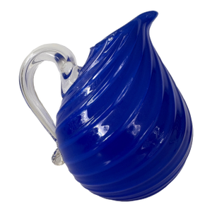 Vintage Cobalt Blue Swirl Handblown Art Glass Pitcher With Swirl Clear Handle