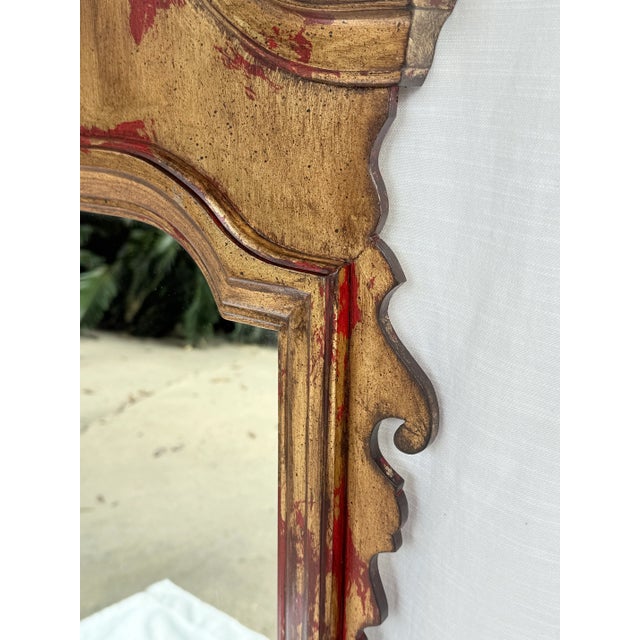Wood Vintage Regency Style Red Parcel Gilt Chippendale Wall Mirror - Newly Painted For Sale - Image 7 of 11