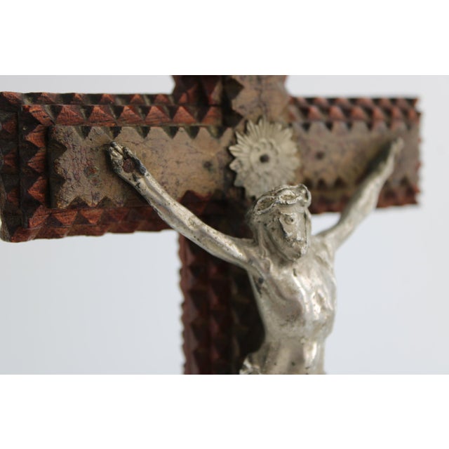 Rare Antique French Tramp Art Standing Crucifix, Hand Carved Folk Art For Sale - Image 13 of 15