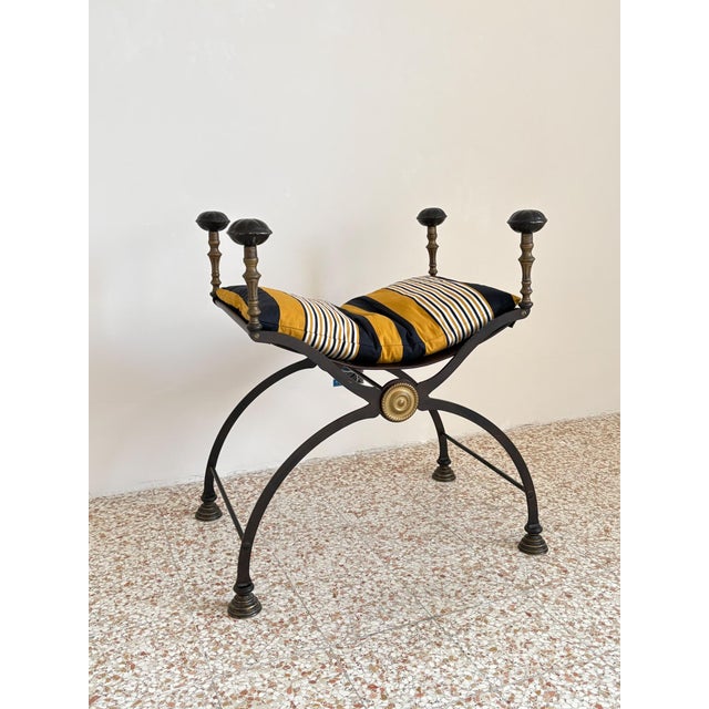 Vintage Wrought Iron, Brass and Leather Stool, 1920s For Sale - Image 3 of 12
