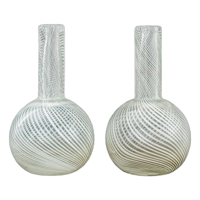 Venini Style Clear Glass Bottle Vases, Pair For Sale