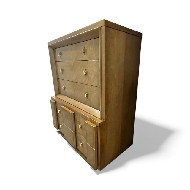 American of Martinsville American of Martinsville Mid-Century Modern Chevron Highboy & Nightstand Set For Sale - Image 4 of 12