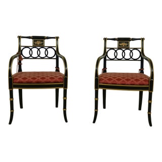 Pair Regency Style Hickory Chair Co. Black & Gold Armchairs For Sale