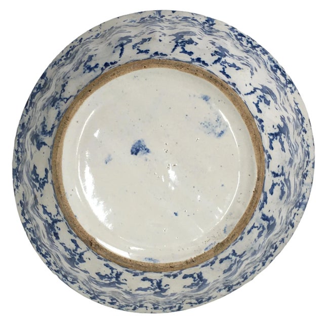 Ceramic Large 11 1/2 Inch Size Antique American Blue Spongeware Decorated Stoneware Kitchen Mixing Bowl For Sale - Image 7 of 13