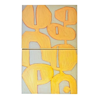 Original Abstract Oil Painting Diptych in Golden Yellow – Two-Panel Stretched Canvas by Tatiana Duperault For Sale