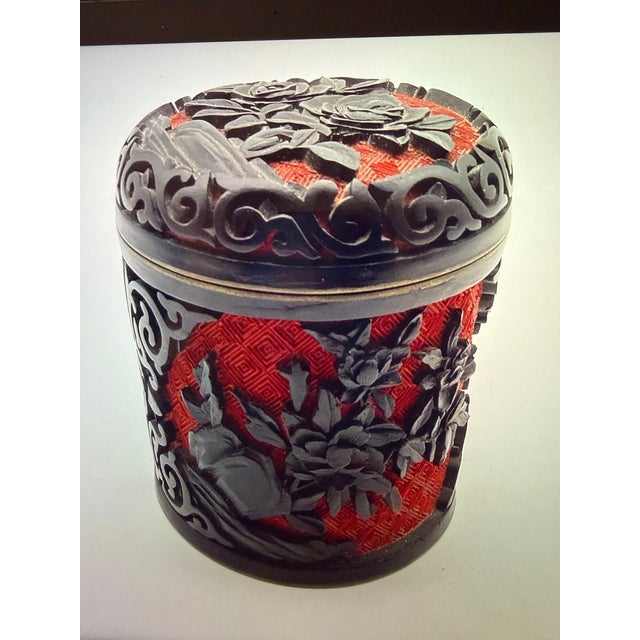 Antique Chinese Carved Cinnabar Lacquer Trinket Jewelry Floral Black and Red 4” For Sale - Image 4 of 12
