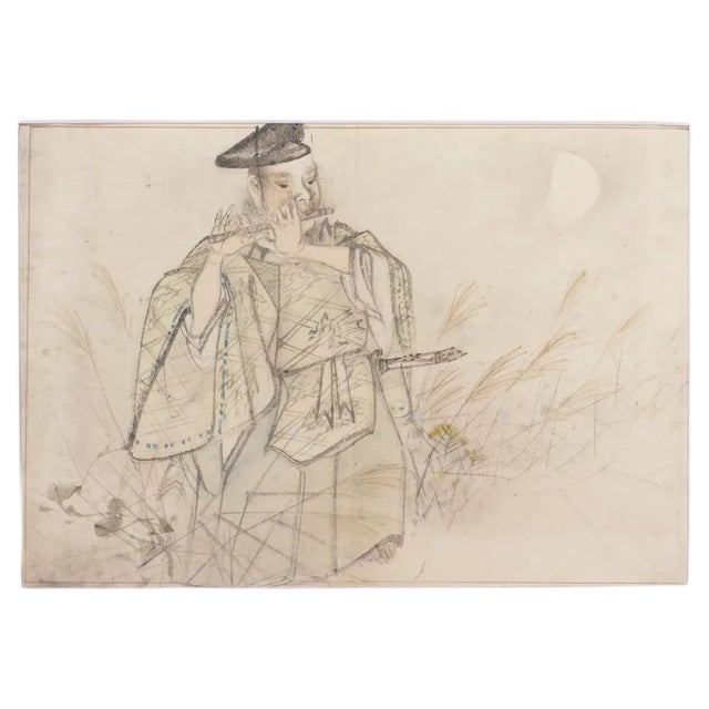 Samurai Playing Flute - Mixed Media by Matsumura Keibun School - 1800 19th Century For Sale