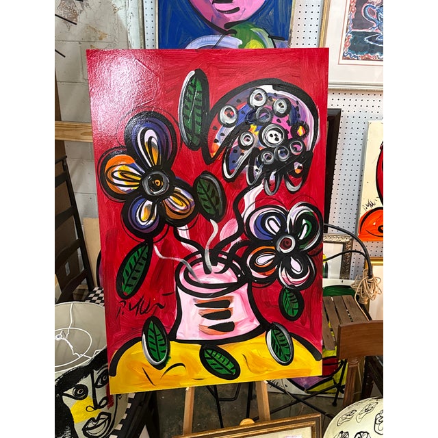 1970s Peter Keil Abstract Monumental Painting of Colorful Flowers. Executed with oil on board. COA on back guaranteed...