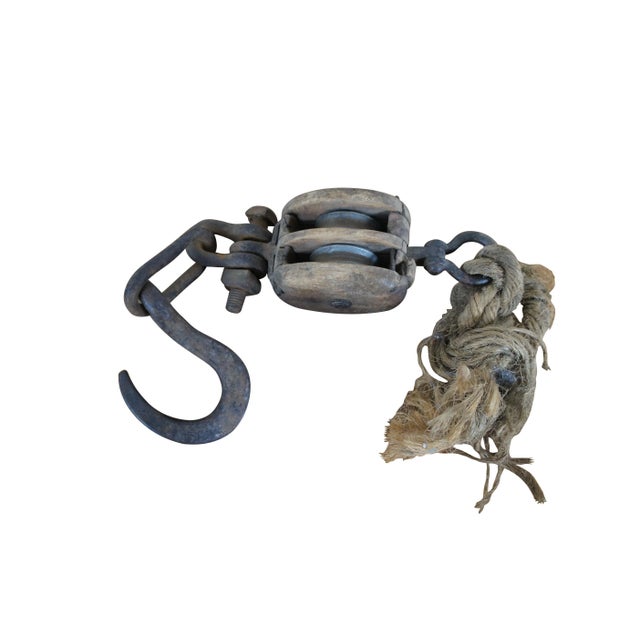 Industrial Antique Primitive Industrial Cast Iron & Wood Block Double Pulley Hook For Sale - Image 3 of 12