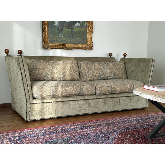 English 2000s Vintage Baker Furniture Co. English Traditional Knole Style Olive Green Velvet Sofa For Sale - Image 3 of 9