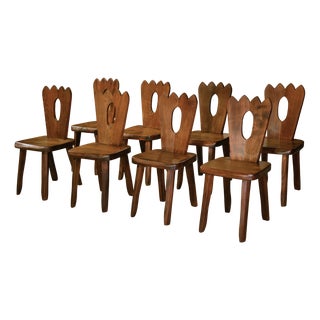 Brutalist Chairs in Elm from Aranjou, 1950s, Set of 8 For Sale