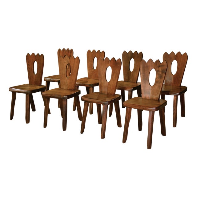 Brutalist Chairs in Elm from Aranjou, 1950s, Set of 8 For Sale
