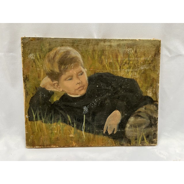 Vintage Realist Portrait Oil Painting of a Young Boy With Dandelions For Sale - Image 10 of 10